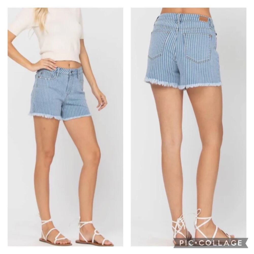 Judy Blue Striped Jean Shorts - Blue and White